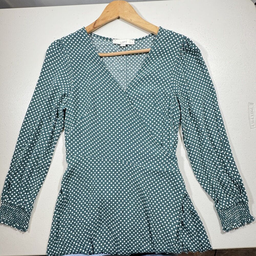 LOFT Petite Green White Polka‎ Dot Wrap V Neck Long Sleeve Dress Tie Waist